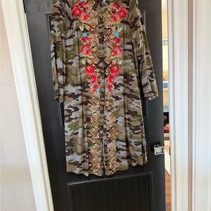 Andree Camouflage Button Down Shirt with Floral Embroidery